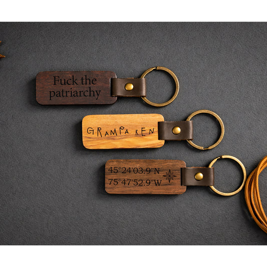 Wooden Tag Keychain Engraved Walnut & Olive, Leather Strap