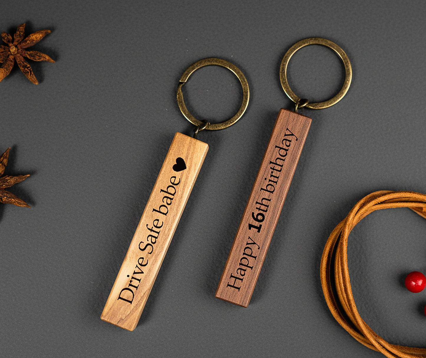 Slim Wooden Bar Keychain Engraved Walnut & Olive