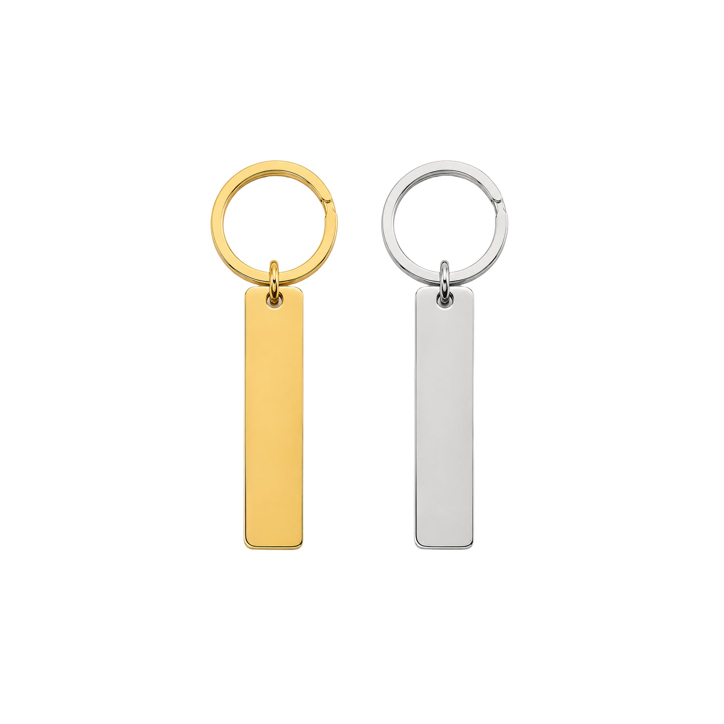 Stainless steel bar keychain in gold and silver, personalized with engraving