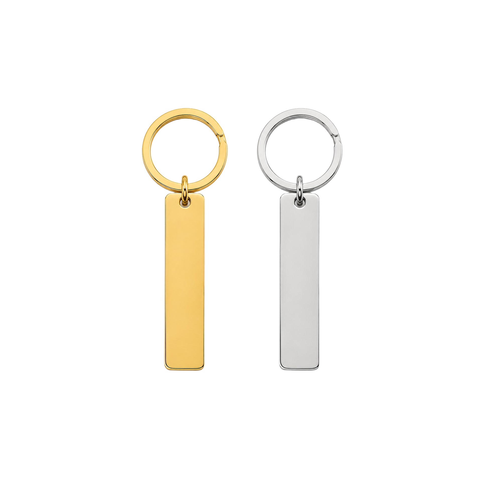 Stainless steel bar keychain in gold and silver, personalized with engraving
