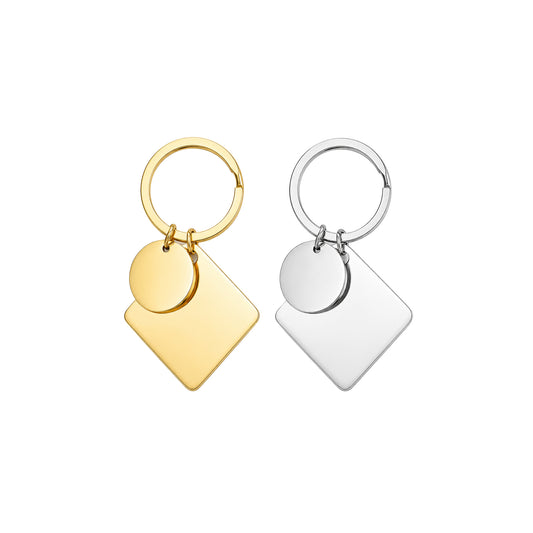 Rhombus and circle stainless steel keychain in gold and silver, personalized with engraving