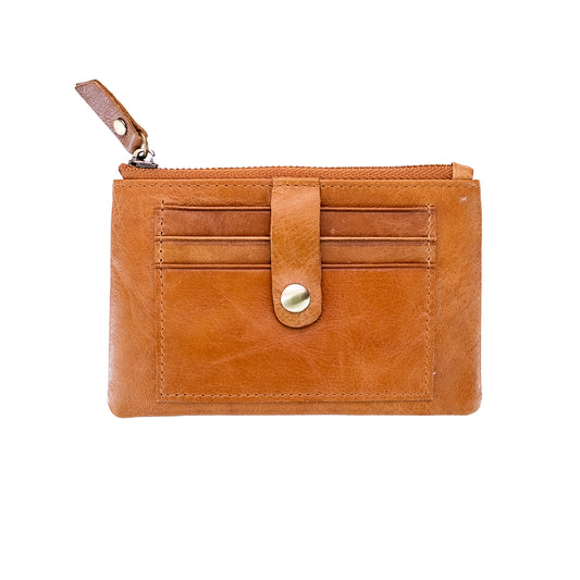 Leather card and coin purse with key ring and RFID blocking, personalized with engraving