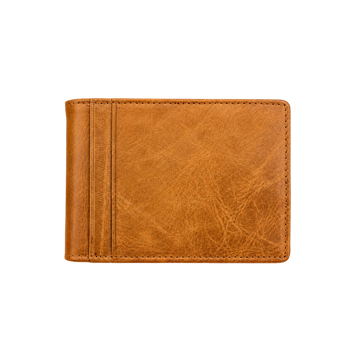 Leather flap wallet with money clip and RFID blocking, personalized with engraving