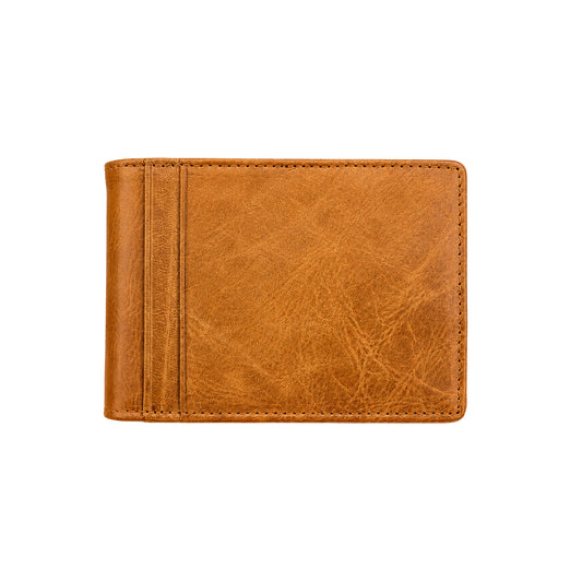 Leather flap wallet with money clip and RFID blocking, personalized with engraving