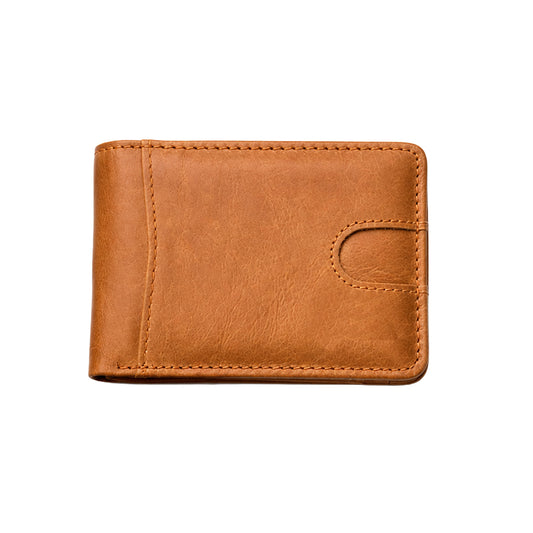 Compact leather bifold wallet with RFID blocking, personalized with engraving