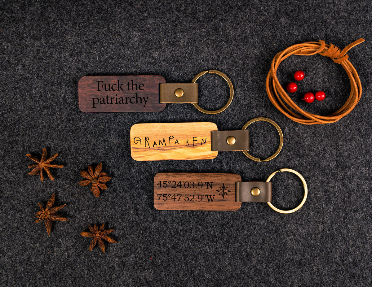 Wooden Tag Keychain Engraved Walnut & Olive, Leather Strap