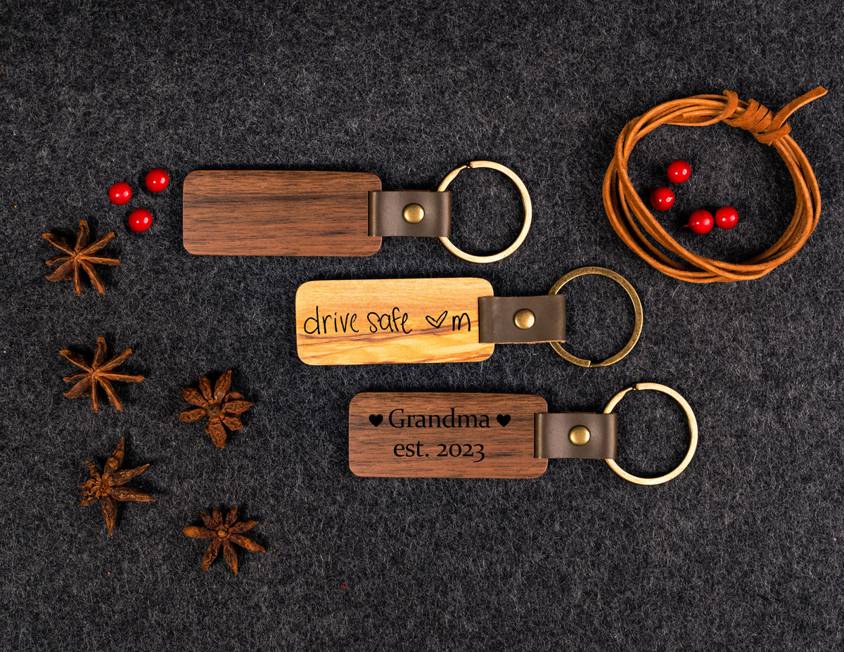 Wooden Tag Keychain Engraved Walnut & Olive, Leather Strap