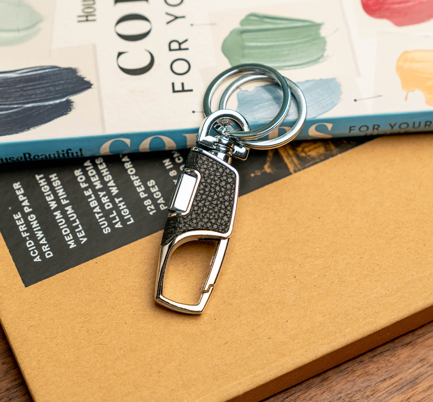 Leather Key Clip with Ring Black & Red