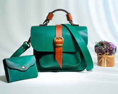 Leaf green handmade leather handbag set