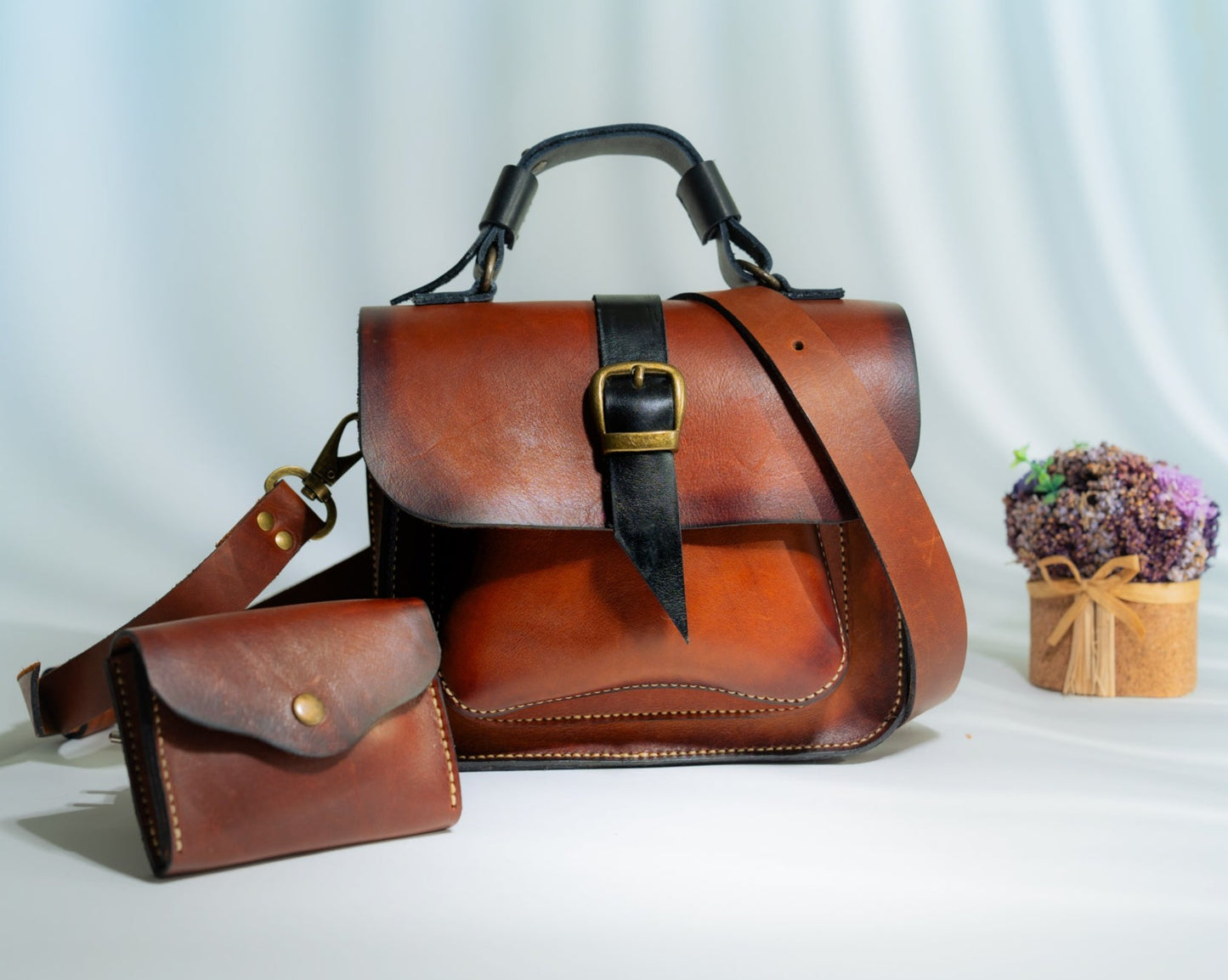 Brown handmade leather handbag set