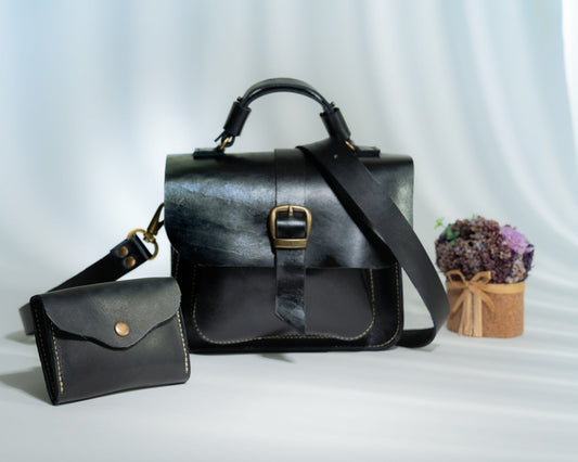 Black handmade leather handbag set