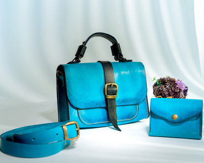 Elegant blue handmade leather handbag set