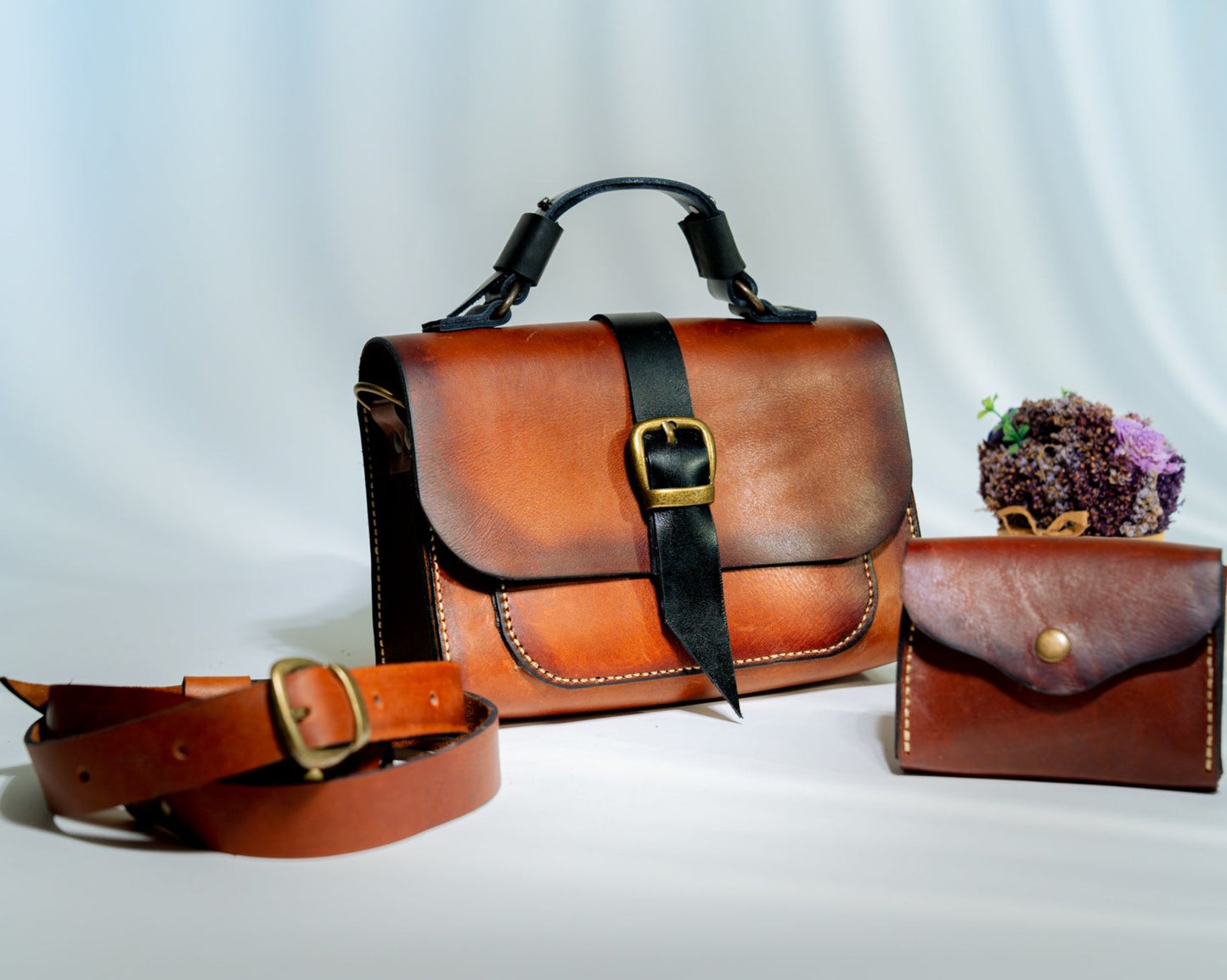Luxury brown handmade leather handbag set