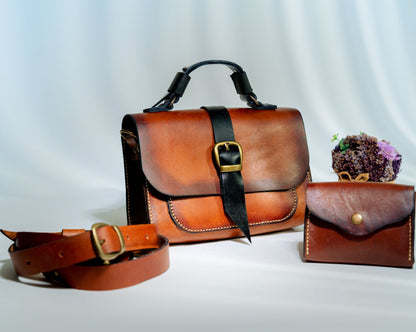 Luxury brown handmade leather handbag set
