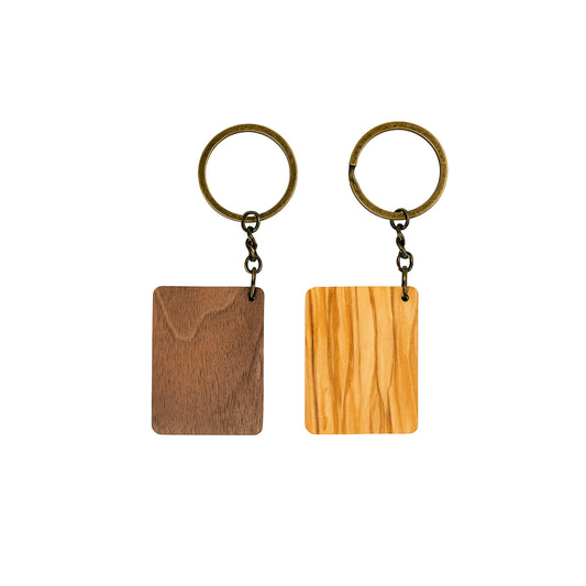 Square wooden keychain in walnut and olive, personalized with engraving