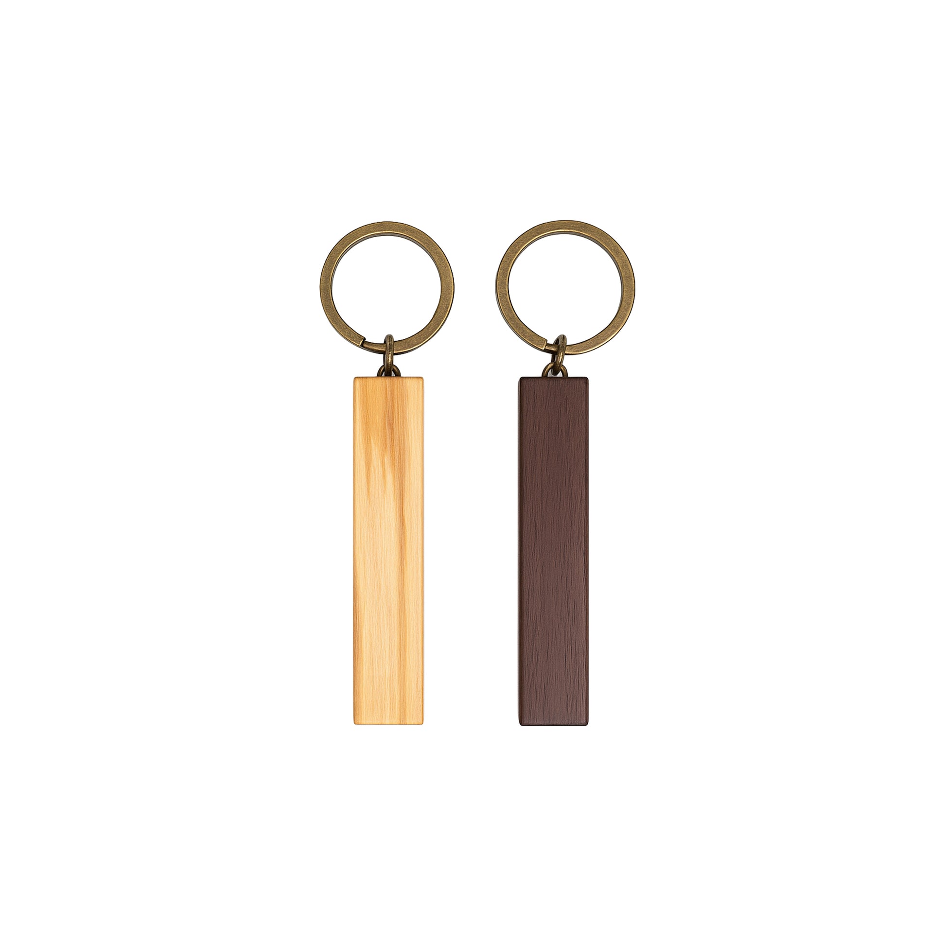 Slim wooden bar keychain in walnut and olive, personalized with engraving