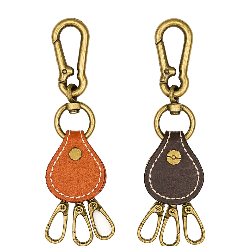 Triple clasp leather keychain with engraving, shown in two colors