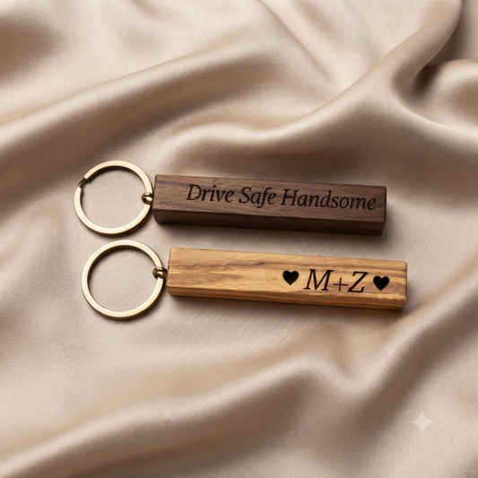 Slim Wooden Bar Keychain Engraved Walnut & Olive