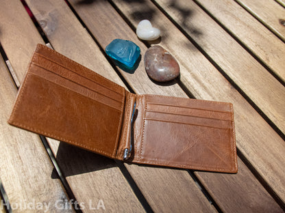 Leather Flap Wallet with Money Clip Personalized, RFID Blocking