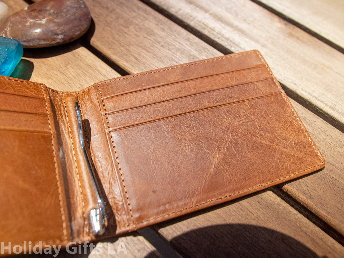 Leather Flap Wallet with Money Clip Personalized, RFID Blocking