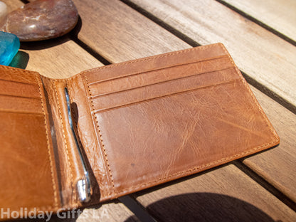 Leather Flap Wallet with Money Clip Personalized, RFID Blocking