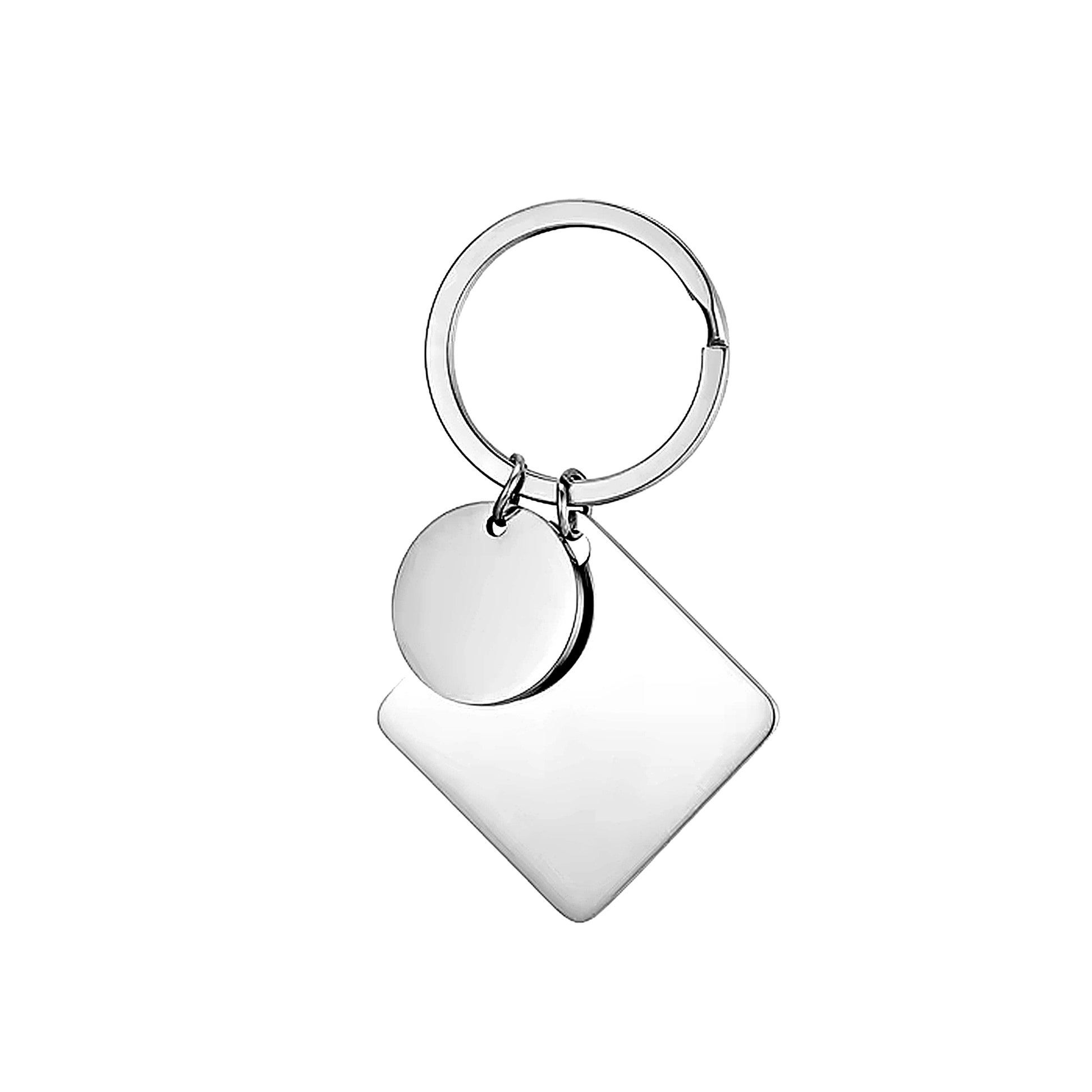Rhombus and circle stainless steel keychains, engraved, in gold and silver