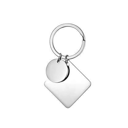 Rhombus and circle stainless steel keychains, engraved, in gold and silver