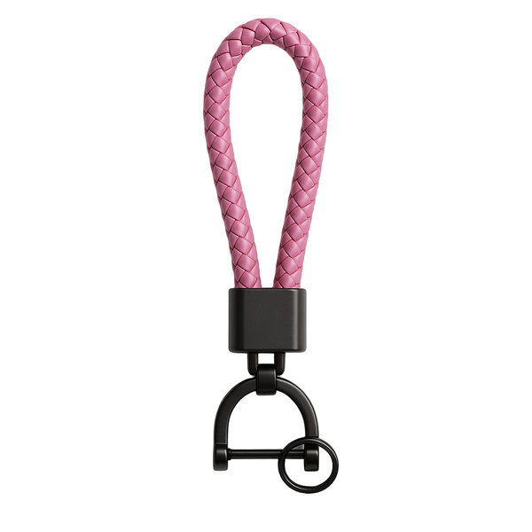 Pink braided keychain with black metal clasp on a white background