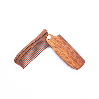 Folding wooden beard comb, engraved, pocket size