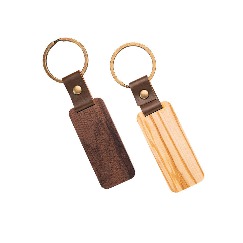 Wooden Tag Keychain Engraved Walnut & Olive, Leather Strap