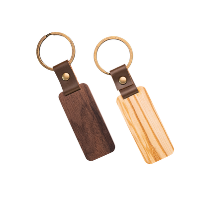 Wooden Tag Keychain Engraved Walnut & Olive, Leather Strap