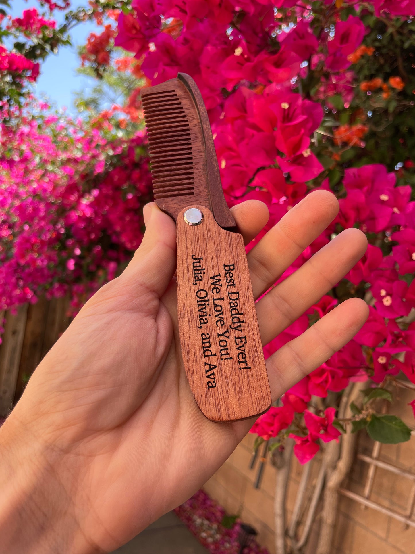 Folding Wooden Beard Comb Engraved, Pocket Size