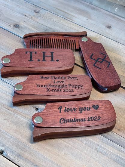 Folding Wooden Beard Comb Engraved, Pocket Size