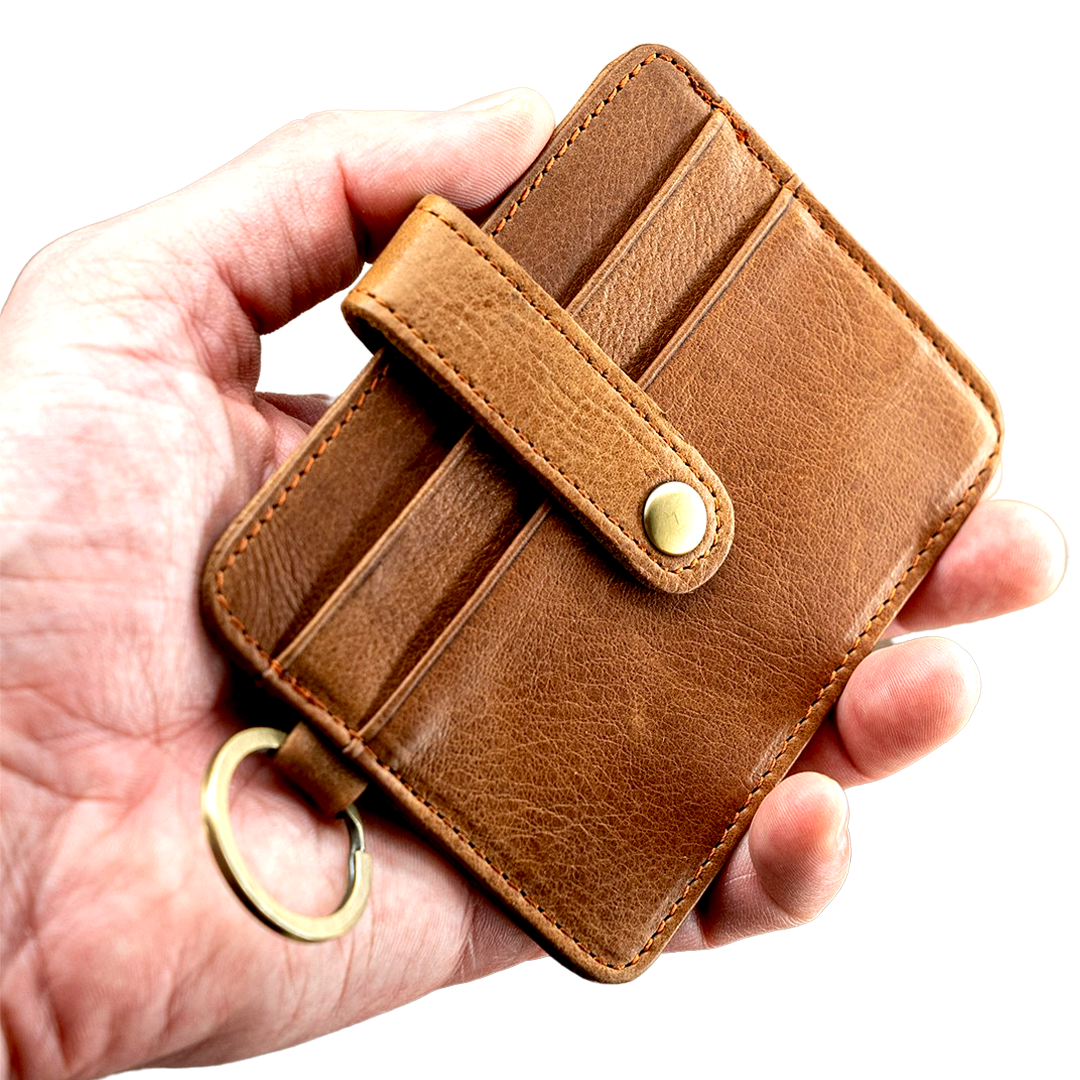 Minimalist Leather Card Holder with Key Ring 6 Card Slots