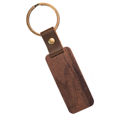 Wooden Tag Keychain Engraved Walnut & Olive, Leather Strap