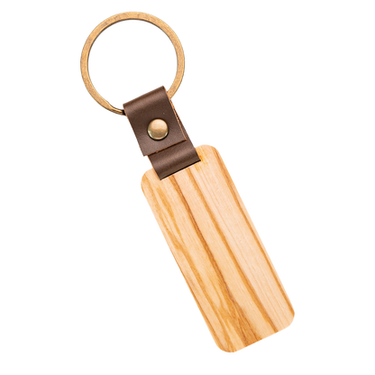 Wooden Tag Keychain Engraved Walnut & Olive, Leather Strap